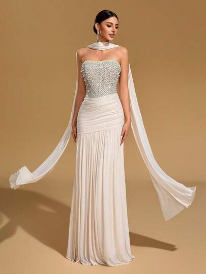 Elegant Mermaid Ball Gown, Women's Strapless Backless Cocktail Dress, Decorated With Sequins And Pearls, Ruched Design