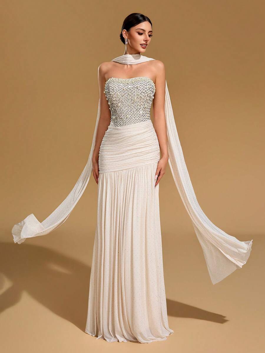 Elegant Mermaid Ball Gown, Women's Strapless Backless Cocktail Dress, Decorated With Sequins And Pearls, Ruched Design