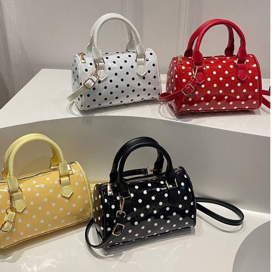 Women's Polka Dot Patent Leather Boston Handbag, Top Handle Mini Bucket Bag, Detachable Crossbody Strap Sweet Daily Wallet - Multicolor - View 1