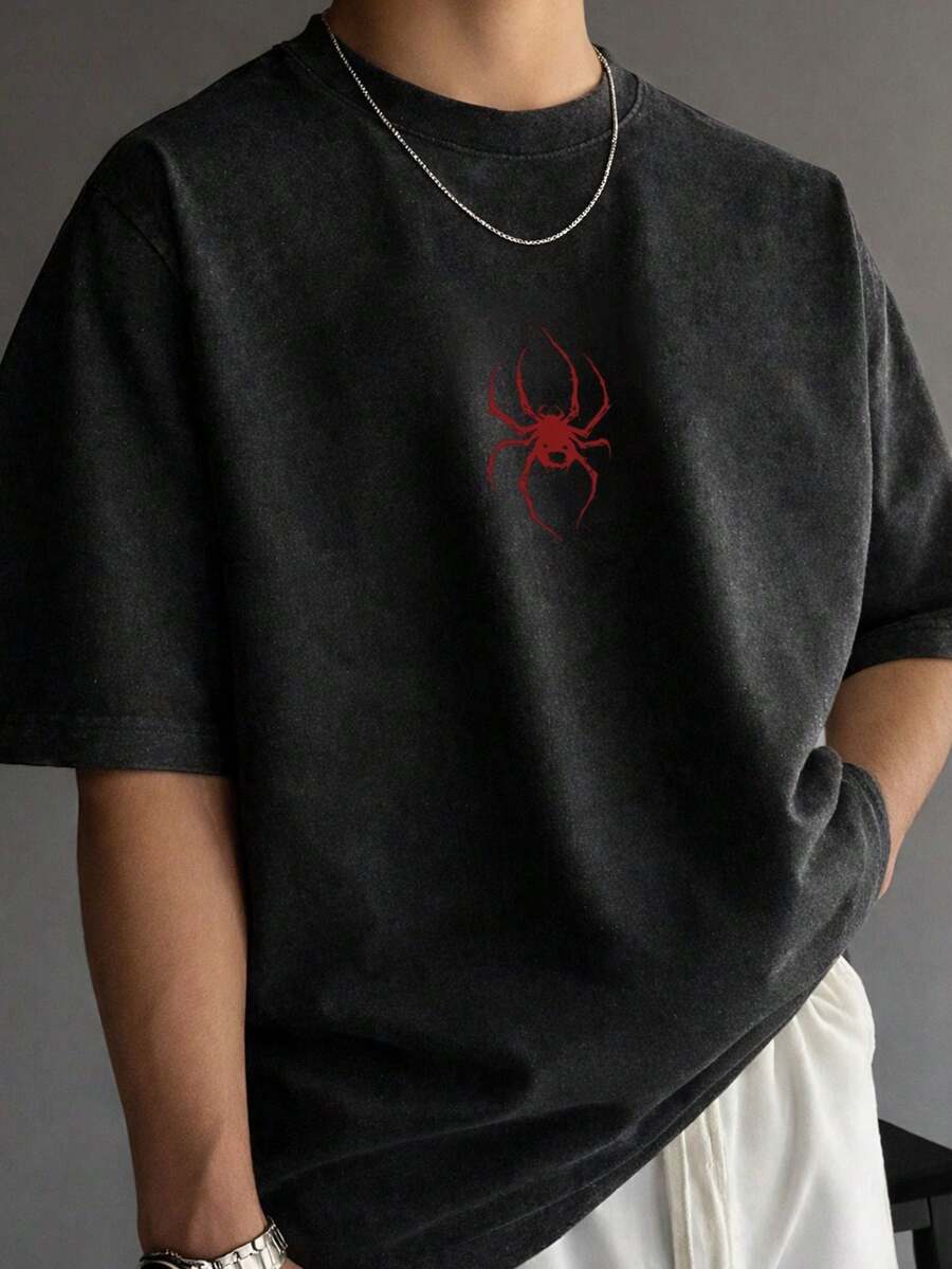 1件青少年男款時尚個性化百搭蜘蛛印花復古麂皮短袖襯衫 - 黑色 - 查看 1
