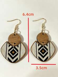 1 Pasang Anting Kayu Geometris, Anting Pola Belah Ketupat Bohemian Vintage - MultiWarna - View 2