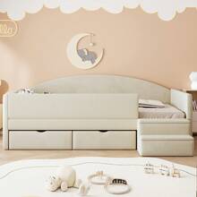 Upholstered Sofa Bed, 90*190 Cm, Multifunctional Bed With Two Drawers And Side Rails, With Steps, Soft Velvet Fabric, No Mattress, Beige - Beige - View 1