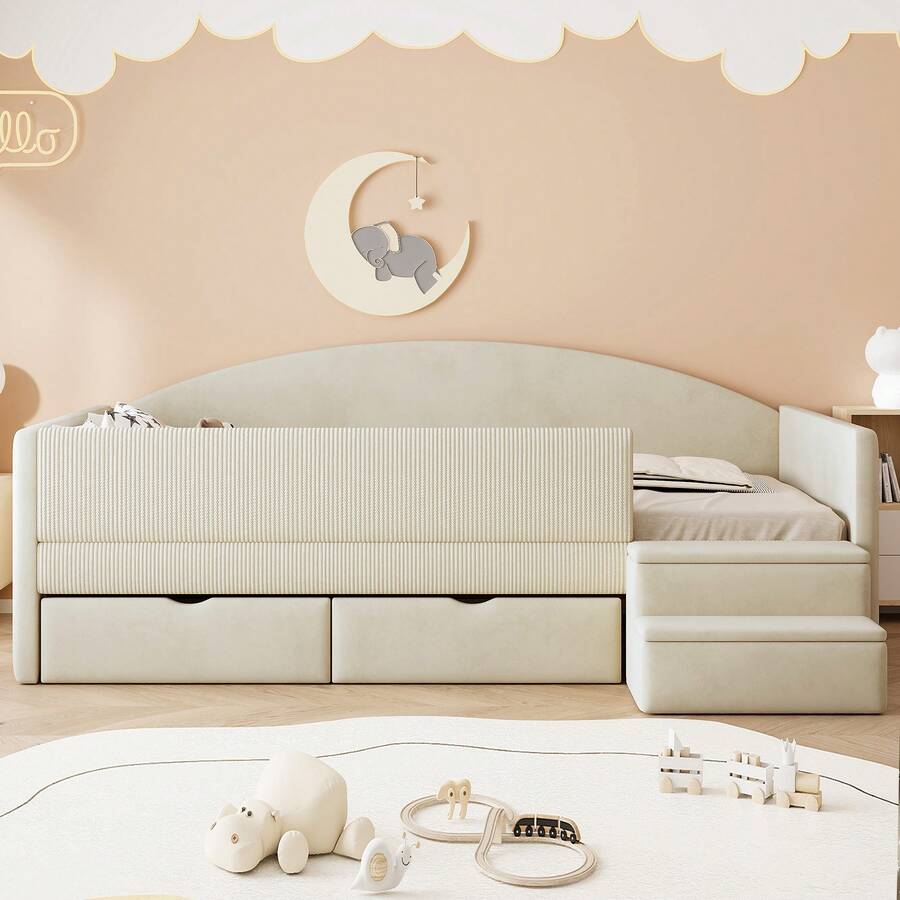 Upholstered Sofa Bed, 90*190 Cm, Multifunctional Bed With Two Drawers And Side Rails, With Steps, Soft Velvet Fabric, No Mattress, Beige - Beige - View 1