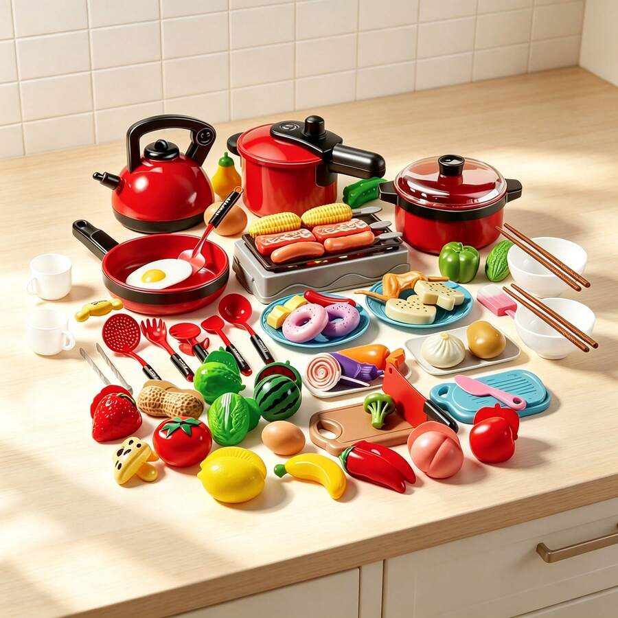 11/23/47/51/69pcs Mini Kids Kitchen Pretend Play Toy Set, Cuttable Fruit & Vegetable Realistic Food, Includes Cookware & Tableware, Holiday Birthday Gift, Educational Toy For Boys & Girls 3+ - Multicolor - View 1