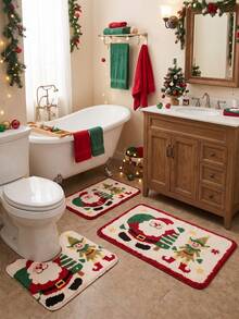 1pc/3pcs Christmas Series Santa Claus Pattern Bathroom Rug Set, Velvet Material, Kitchen Bathroom Bedroom Washable Floor Carpet Decor, Christmas Decoration, Set Includes Bath Mat, U-Shaped Contour Mat And Vanity Mat - A - View 1