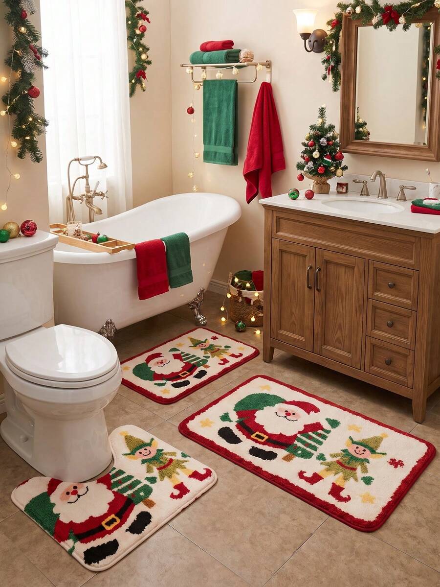 1pc/3pcs Christmas Series Santa Claus Pattern Bathroom Rug Set, Velvet Material, Kitchen Bathroom Bedroom Washable Floor Carpet Decor, Christmas Decoration, Set Includes Bath Mat, U-Shaped Contour Mat And Vanity Mat - A - View 1