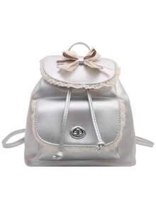 Autumn Delicate Lace Bowknot Double Shoulder Small Bag Sweet Ruffled Flap Drawstring Design PU Backpack For Girls Daily Outings - Multicolor - View 10