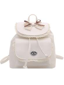 Autumn Delicate Lace Bowknot Double Shoulder Small Bag Sweet Ruffled Flap Drawstring Design PU Backpack For Girls Daily Outings - Multicolor - View 12