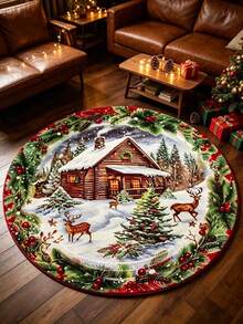 1pc Reindeer & Pine Forest Winter Snow Scene Round Rug, Decorative Carpet, Bedroom Decor, Small Rug, Carpet, Home Decor, Living Room Rug, Living Room Small Rug, Bedroom Rug, Living Room Home Decor, Outdoor Rug, Washable Rug - Multicolor - View 4