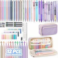 Set Alat Tulis Siswa Morandi 59 Buah dengan Kotak Pensil, Pulpen Warna Pink 7 Warna, 13 Stabilo Warna Macaron, Pulpen Netral, Pensil Mekanik, Perlengkapan Sekolah Penting untuk Mahasiswa - Skema warna Morandi - View 3