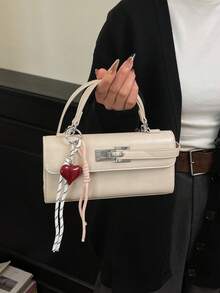 Dedoo 女款單色無圖案PU材質金屬鎖扣可拆卸肩帶便攜收納復古辣妹風日常通勤約會小包斜挎包法棍包，無吊飾 - 米色 - 查看 5