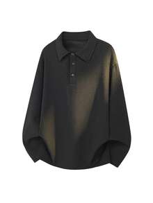 Blueprint Man 1pc Men's Black Long Sleeve Polo Shirt, Classic Turn-Down Collar With Half-Button Placket Henley Neck Design, Faux Linen Fabric, Comfortable And Fresh, Solid Color Minimalist Style, Suitable For Commute And Daily Wear, Old Money Style - Black - View 3