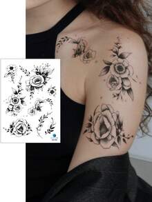 8PCS Dark Style Rose Snake Butterfly Heart Pattern Party Gift Holiday Gift DIY Music Festival Temporary Waterproof Tattoo Stickers For Arm Shoulder Neck Collarbone Back - Black - View 6