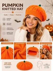 1pc Cute Pumpkin Hat, Women's Knitted Pumpkin Beanie, Soft & Warm, Elastic & Comfortable, Suitable For Halloween Party And Autumn/Winter Holiday Accessory - Multicolor - View 8