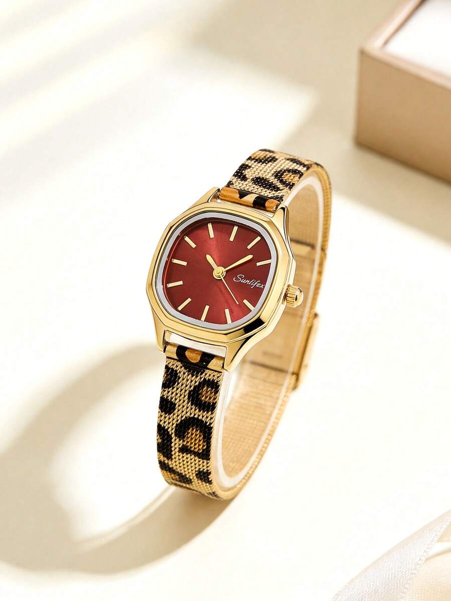 1pc Women's Octagonal Retro Quartz Watch, Gold Alloy Case, Red Dial, Leopard Print Metal Mesh Strap, Suitable For Daily Wear And Gift Giving - Red - View 1