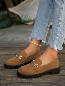 Preppy College Style Pure Metal Buckle Thick Sole Loafers Office Home Autumn Winter Shoes - Brown - View 5