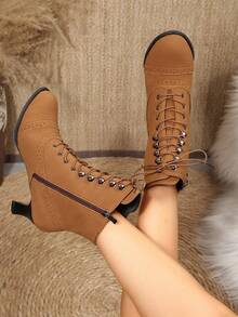 Women's Fashion Boots, Breathable Rivet Chunky Heel Lace-Up Side Zipper Motorcycle Boots - Brown - View 5