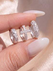 6pcs/1set, Luxury Alloy Zirconia Stud Earrings Set, Multiple Styles Of Full Rhinestone Shiny Hoop Earrings, Various Geometric Cross Design, Women's Fashion Earrings, Suitable For Daily Commute, Party, Gathering, Gift, Versatile Accessory - Multicolor - View 3