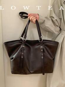 low tea 1pc Square PU Fabric Shoulder Tote Bag With Buckle, Suitable For Commuting, Shopping And More - Coffee - View 10