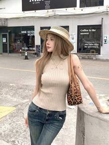 女款春夏/秋冬修身黑色針織無袖背心，顯瘦外套上衣 - 杏色 - 查看 6