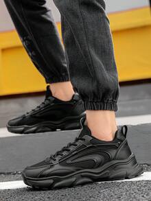 New Men's Pure Black Techwear Chunky Sneakers, Mesh Patchwork Breathable Thick Sole Height-Increasing Outdoor Commute Casual Sports Sneakers - Black - View 8