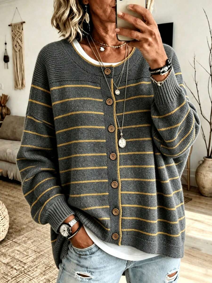 Plus Size 2026 New Striped Knit Cardigan, Long Sleeve Wooden Button Front Sweater Jacket, Casual Loose Fit Top, Suitable For Autumn/Winter Daily Wear - Dark Grey - View 1
