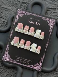 Rhinestone Nail Art, Y2K1 Style Nail Set, Handmade Medium-Long Coffin Shape False Nails, Decorated With Colorful Rhinestones, Bows And Other Exquisite Decorations, Suitable For Women As A Gift, Applicable For Parties Or Daily Wear - Silver - View 1