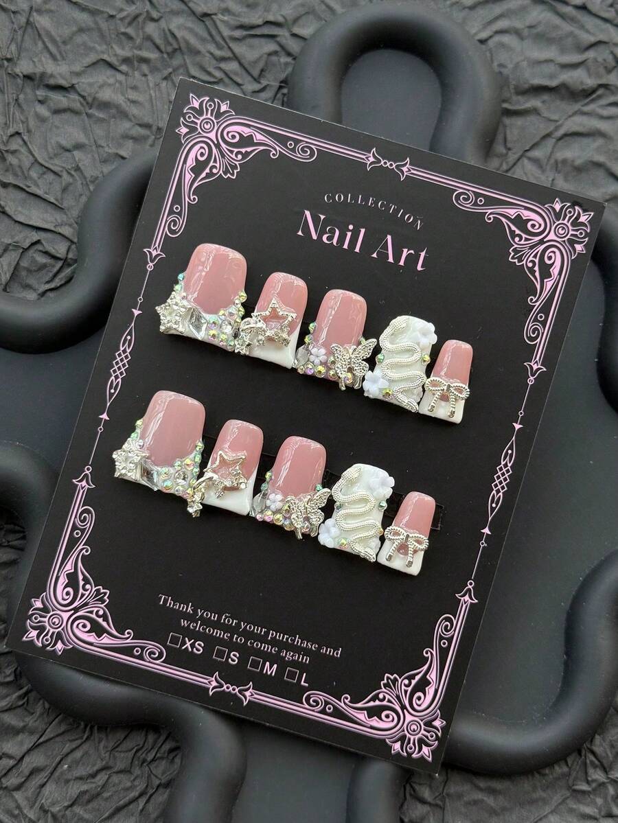 Rhinestone Nail Art, Y2K1 Style Nail Set, Handmade Medium-Long Coffin Shape False Nails, Decorated With Colorful Rhinestones, Bows And Other Exquisite Decorations, Suitable For Women As A Gift, Applicable For Parties Or Daily Wear - Silver - View 1