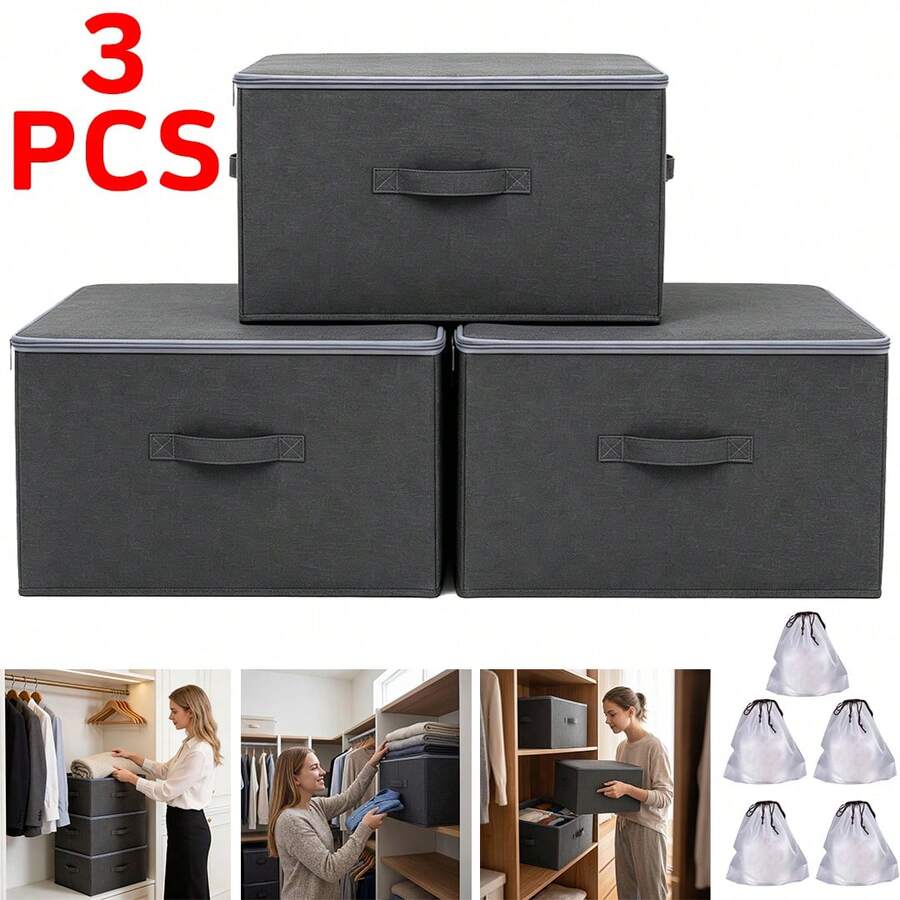 3pcs Clothing Storage Box, Home Large Capacity Wardrobe, Clothes And Blankets Layered Sorting Box, Storage Basket Artifact, Suitable For Bed Sheets, Underwear, Desktop Sorting, Under-Bed - Dark Grey - View 1