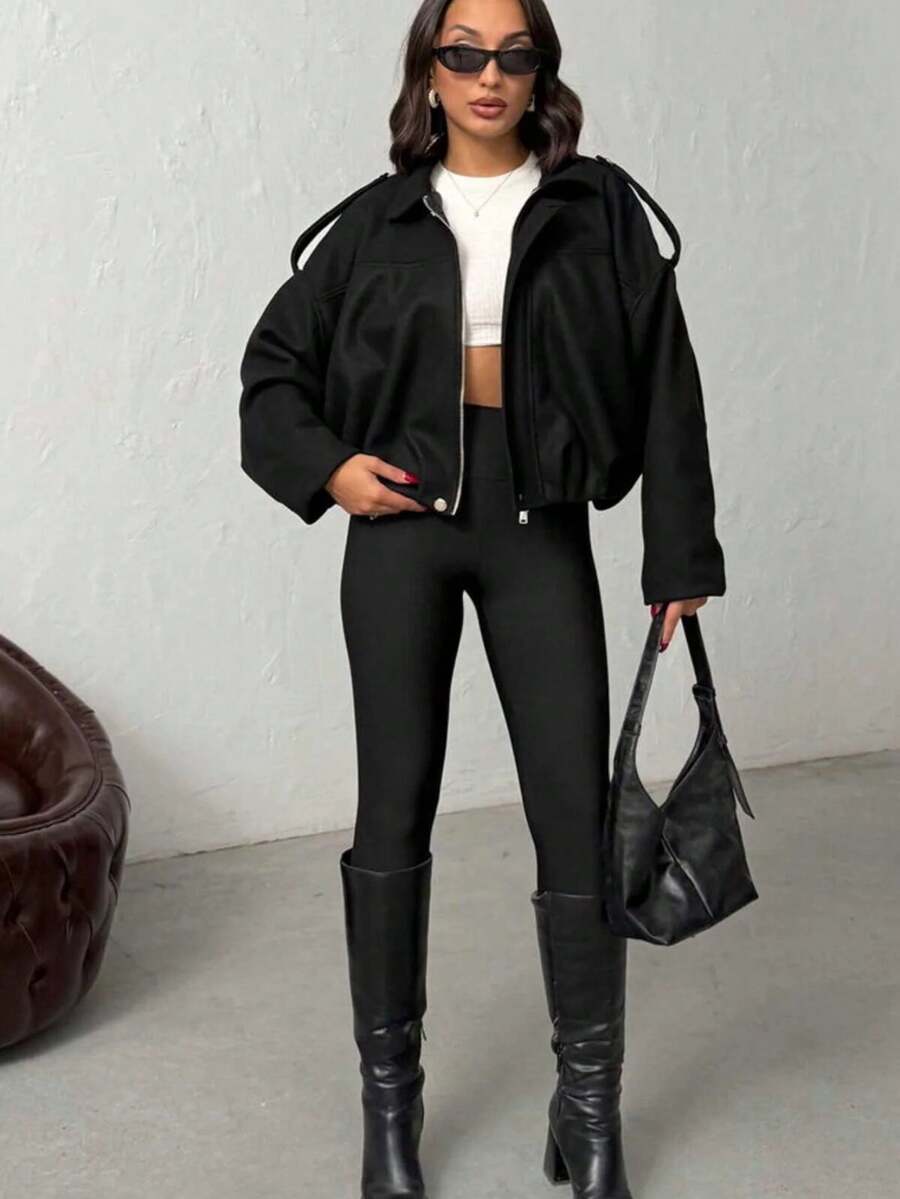 Women's Black Short Wool-Blend Bomber Jacket - Black - View 1