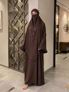 1 set Abaya Muslimah Sederhana, Gaun Maxi Lengan Mengembang Berkerut dengan Khimar Niqab yang Serasi, Pakaian Sholat Islami Longgar Bertekstur Kerut untuk Wanita - MultiWarna - View 2