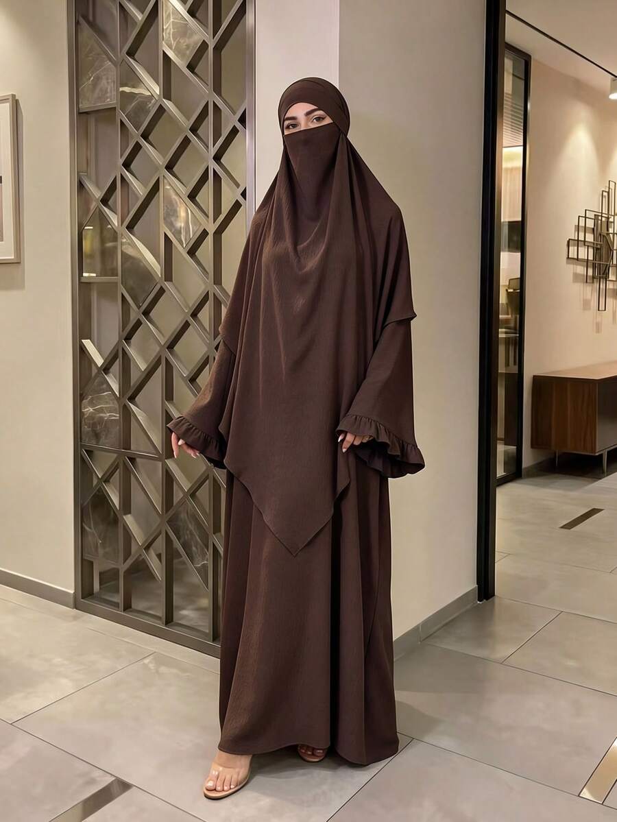 1 set Abaya Muslimah Sederhana, Gaun Maxi Lengan Mengembang Berkerut dengan Khimar Niqab yang Serasi, Pakaian Sholat Islami Longgar Bertekstur Kerut untuk Wanita