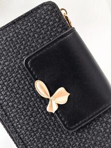 Women's Vintage Straw Woven Texture PU Long Wallet, Multi-Functional Large Capacity Card Holder With Exquisite Metal Flower Logo, Casual Wristlet Bag Suitable For Various Occasions - Black - View 4