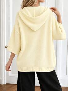 Plus Size Women's Solid Color Knit Fabric Pocket Drawstring Casual Versatile Commute Loose Hooded Pullover Sweater, Suitable For Vacation, Daily, Date, Autumn Single Piece - Pale Yellow - View 3