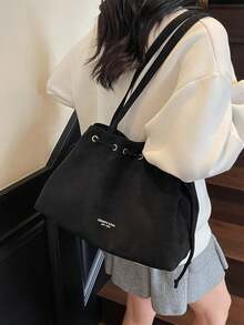 Túi tote nữ phong cách dây rút thời trang tinh tế, kiểu dáng hiện đại đa năng, chất liệu PU, dung tích lớn, túi đeo vai/túi đi làm - màu đen - Xem 4