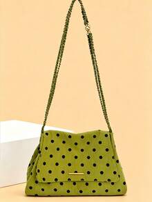 Tas Wanita Baru Motif Garis-Garis Polkadot dengan Tali Rantai, Tas Bahu Selempang, Modis dan Serbaguna untuk Perjalanan Sehari-hari dan Belanja. - Hijau - View 10