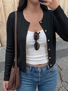 Plus Size Women's Solid Color Long Sleeve Single-Breasted Casual Top - Black - View 5