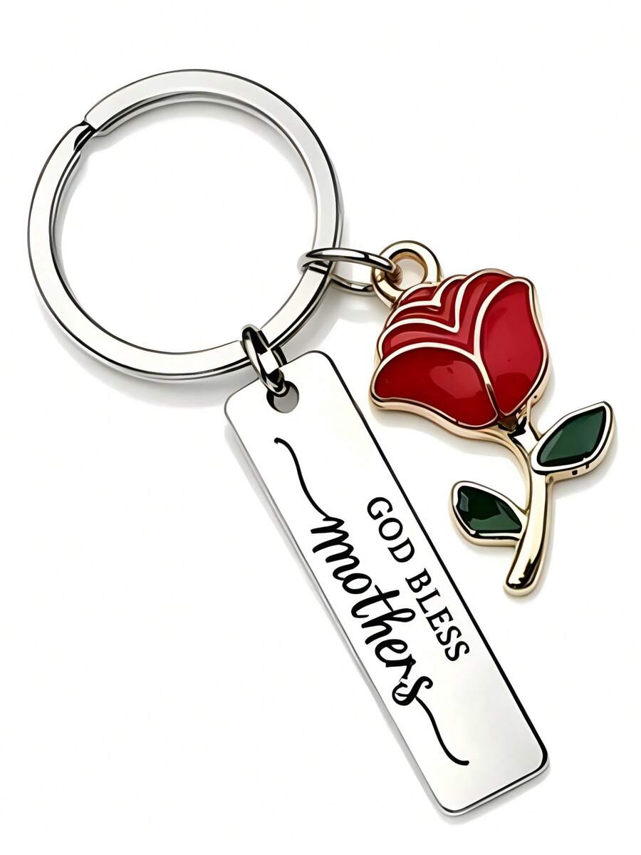 1pc/6pcs/15pcs/24pcs Long Strip Keychain, God Bless Mother Quote, Red Rose Oil Drop Pendant, Gratitude Gift For Mom