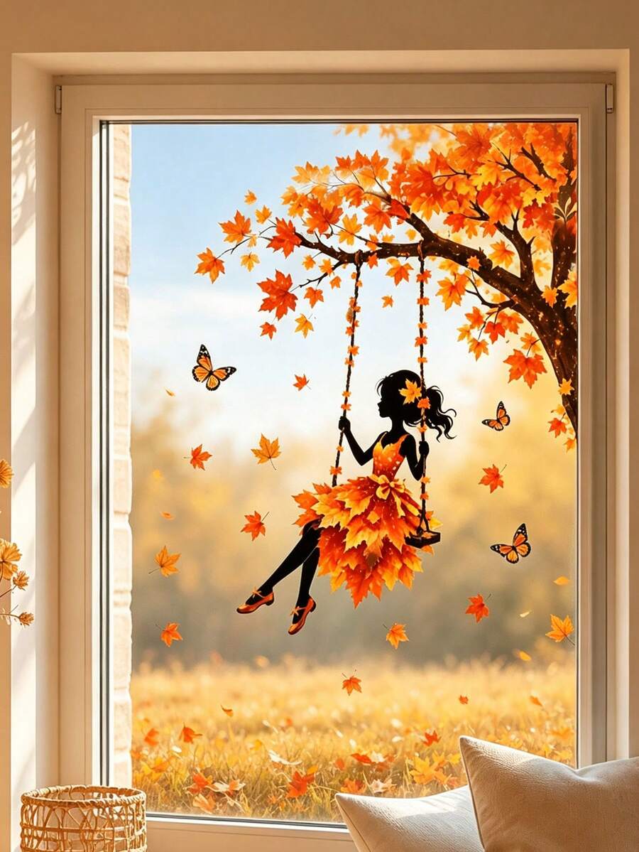 Autumn Maple Leaf Swing Window Sticker, Removable Glue-Free Static Glass Decal, Fallen Leaves Butterfly Home Window Decor Beautification Sticker, Glass Surface Decorative Art Sticker, Home Window Decoration, Living Room, Bedroom Glass Door & Window Atmosphere Decor Sticker - Multicolor - View 1