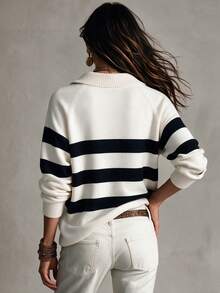 Striped Half Zip Collar Drop Shoulder Knit Sweater, Women Long Sleeve Loose Pullover Fall Casual Top - White - View 2