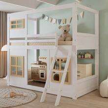 Bunk Bed, Children's Bed, With Beautiful Window, Stable Step Ladder, With Four-Sided Railing, Pine + MDF + Plywood, White + Natural, 90x200cm - White+Natural - View 3