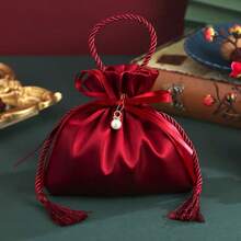 10pcs Burgundy Satin Drawstring Gift Bags, Pearl Tassel Candy Bags, Wedding Party Favor Bags, Bridal Shower Return Gift Storage Bags, Suitable For Jewelry And Small Gifts - A - View 6