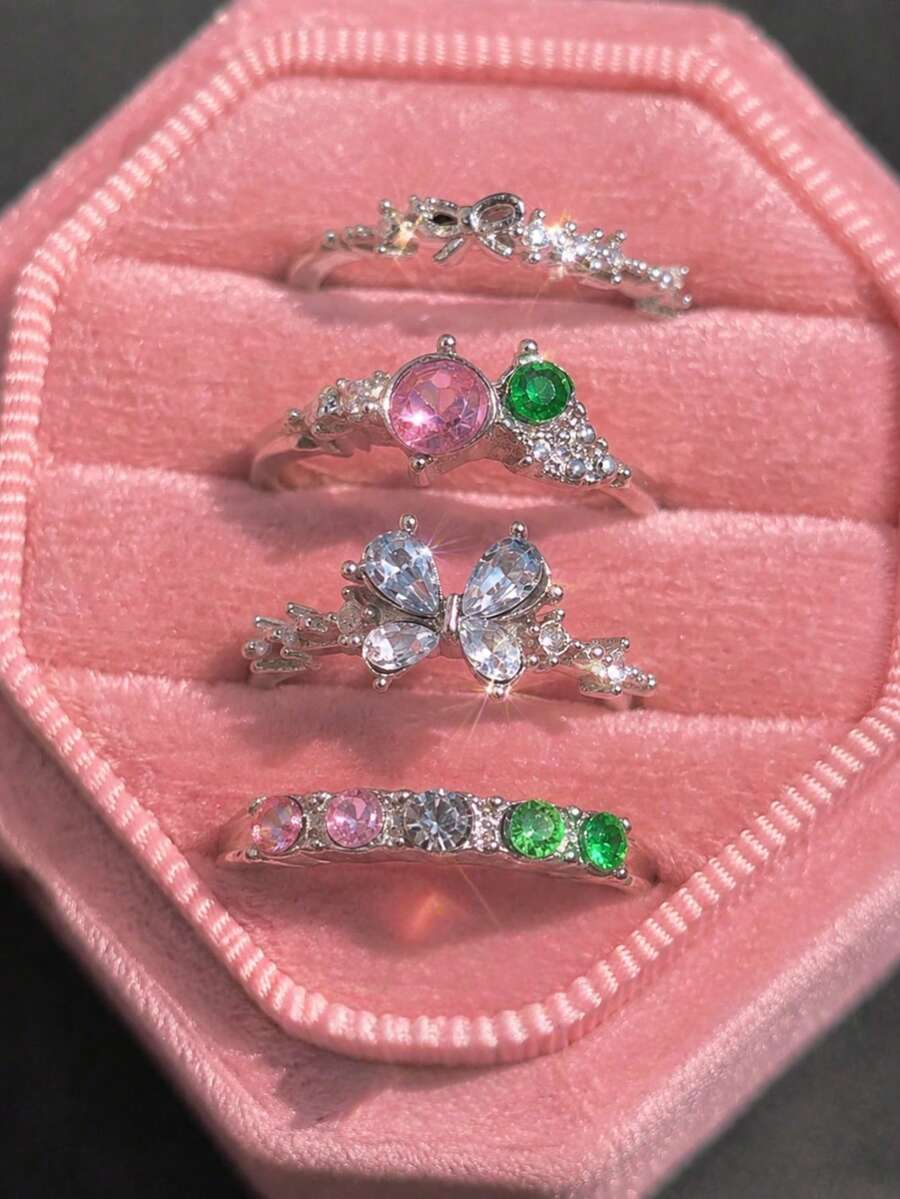 4件組休閒優雅時尚精緻高端奢華水鑽彩色戒指,女款時尚飾品,適合女友、日常配戴、度假、派對、婚禮禮物 - 彩色 - 查看 1