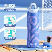 Bình giữ nhiệt cốc lót trong thép không gỉ 316, bình nước ống hút dễ thương có nắp và tay cầm, phong cách thể thao họa tiết - Màu xanh lam - Xem 7