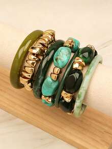 Set de 7 pulseras de moda lujo Y2K de alta gama únicas brillantes lujosas multifuncionales vintage exquisitas elegantes de resina verde color ámbar con cuentas de metal dorado, adecuadas para uso diario de mujeres festival fiesta - Multicolor - Ver 4