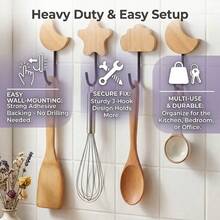 Self-Adhesive Wall Hook Set, No Drilling Required - Star-Shaped Wooden Hooks With Strong Adhesive, Suitable For Home Bathroom, Kitchen, Bedroom And Office, Multipurpose Wall-Mounted Storage Hanger For Towels, Bags, Keys, Coats, Hats & Decor - Multicolor - View 2