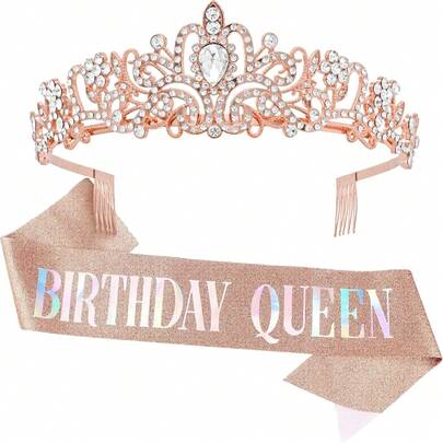 Rose Gold Happy Birthday Sash And Tiara - Silver Rhinestone Tiara Set Birthday Crown And Sash For Women Glitter Crystal Hair Accessory For Queen's