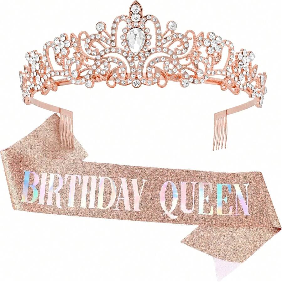 Rose Gold Happy Birthday Sash And Tiara - Silver Rhinestone Tiara Set Birthday Crown And Sash For Women Glitter Crystal Hair Accessory For Queen's - Rose Gold - View 1