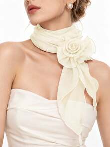 Women's Lightweight Sheer Chiffon Scarf With Detachable 3D Rose Decor, Wavy Ruffle Edge Long Neck Scarf, Suitable For Wedding, Party And Daily Wear - Multicolor - View 11