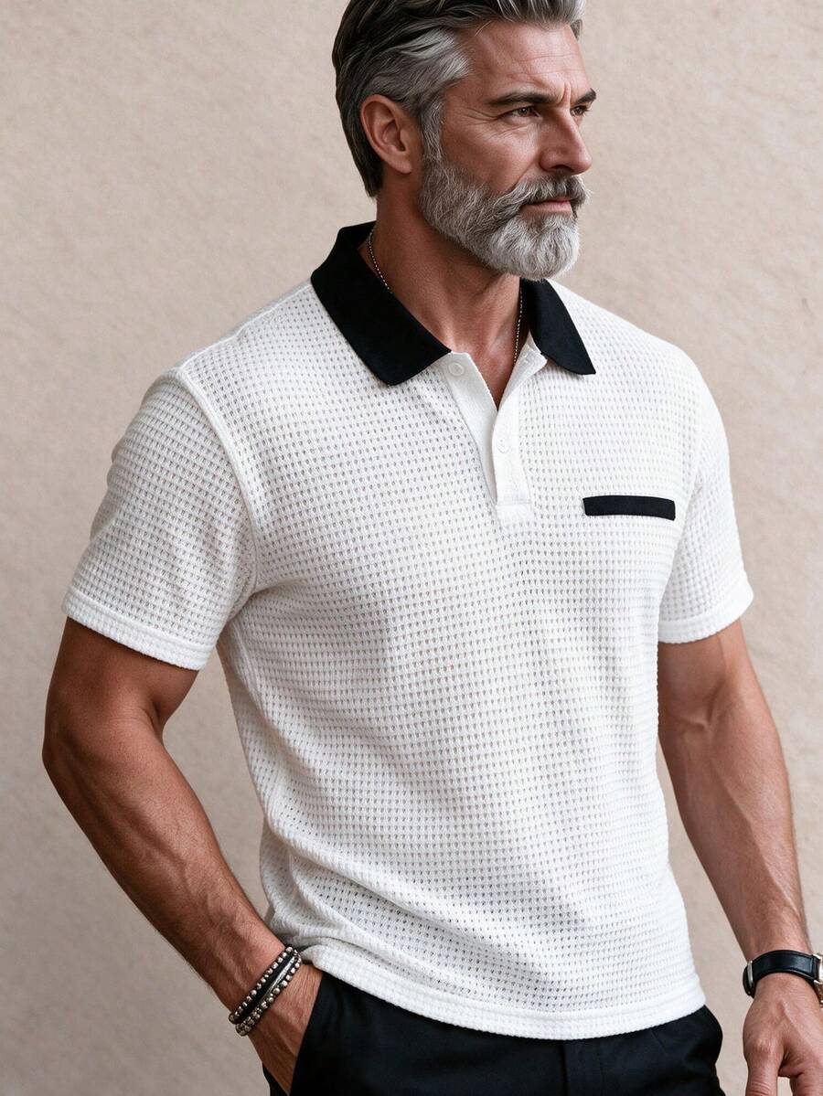 GOLDREDY Men's Fashion Classic Personalized Solid Color Pineapple Grid Patchwork Black Flat Knit Collar Hollow Design Suitable For Daily Casual Fashion Simple Outing Commute Street Summer New Short Sleeve T-Shirt - White - View 1